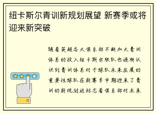 纽卡斯尔青训新规划展望 新赛季或将迎来新突破