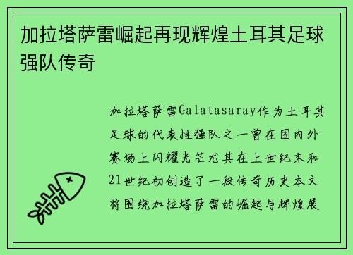 加拉塔萨雷崛起再现辉煌土耳其足球强队传奇